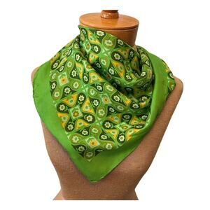 Vintage Glentex silk rayon floral geometric green yellow scarf head cover square